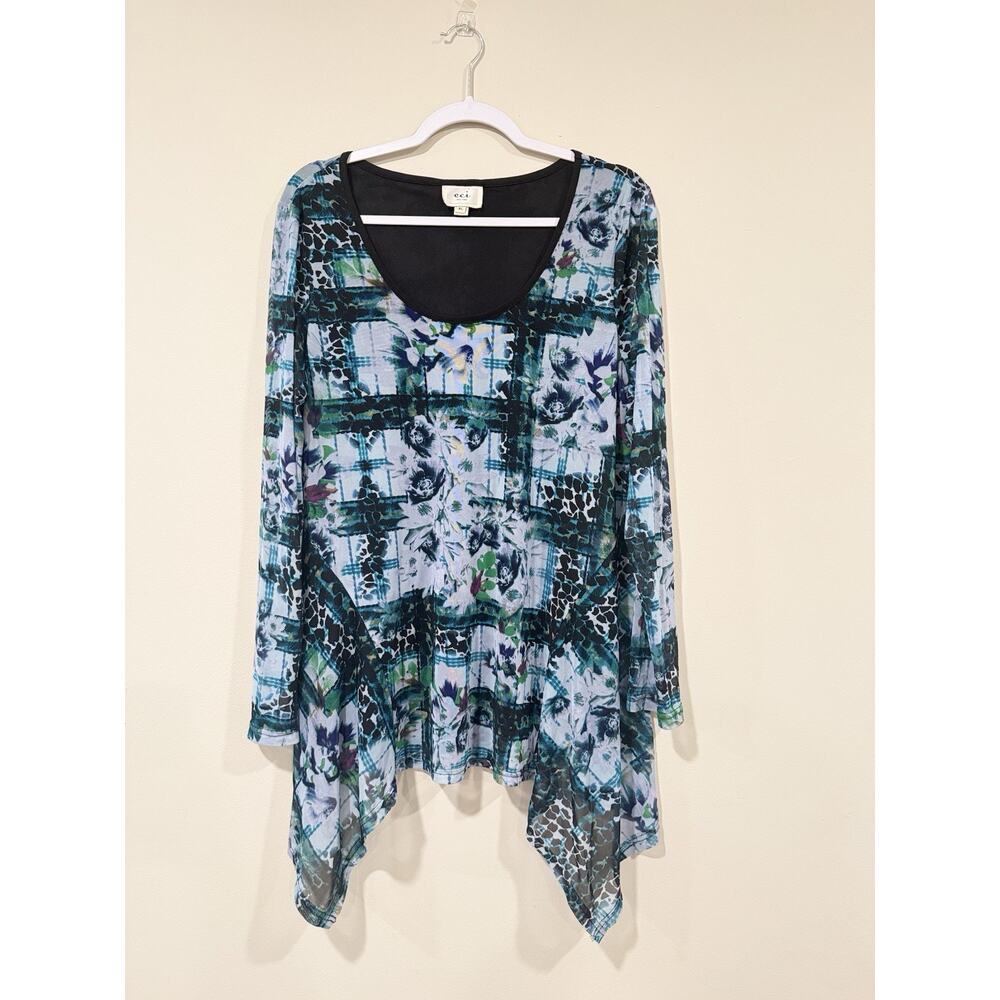 Y2K ECI NY Sheer Printed Tunic Blouse Bohemian  Watercolor-style Size XL 2312